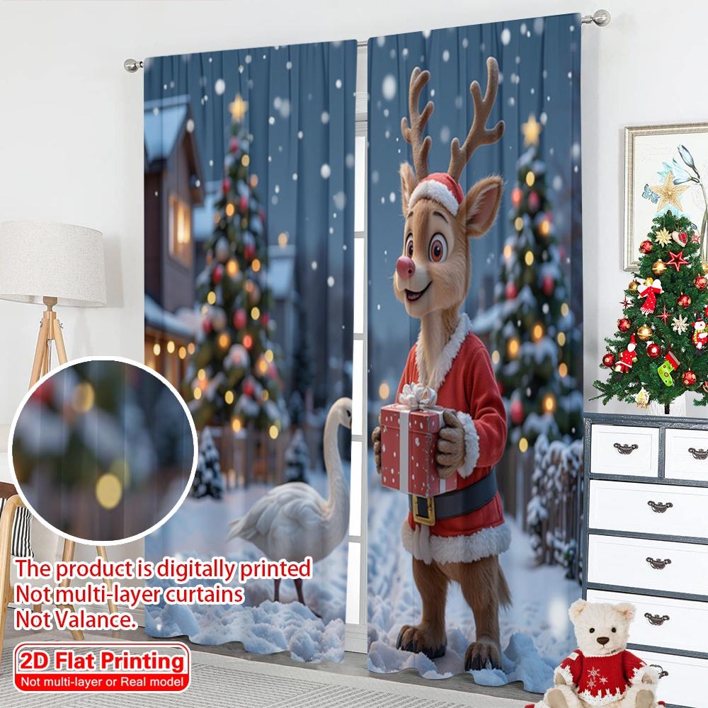 2pcs 2D flat printing Merry Christmas Curtain Cute Deer Christmas Gift Present Fabric Without Electricity Festive Wall Decor for