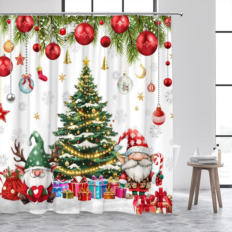 Christmas Shower Curtains Cute Snowman Santa Claus Xmas Tree Winter Town Street Landscape Bath Curtain Home Bathroom Decor Set