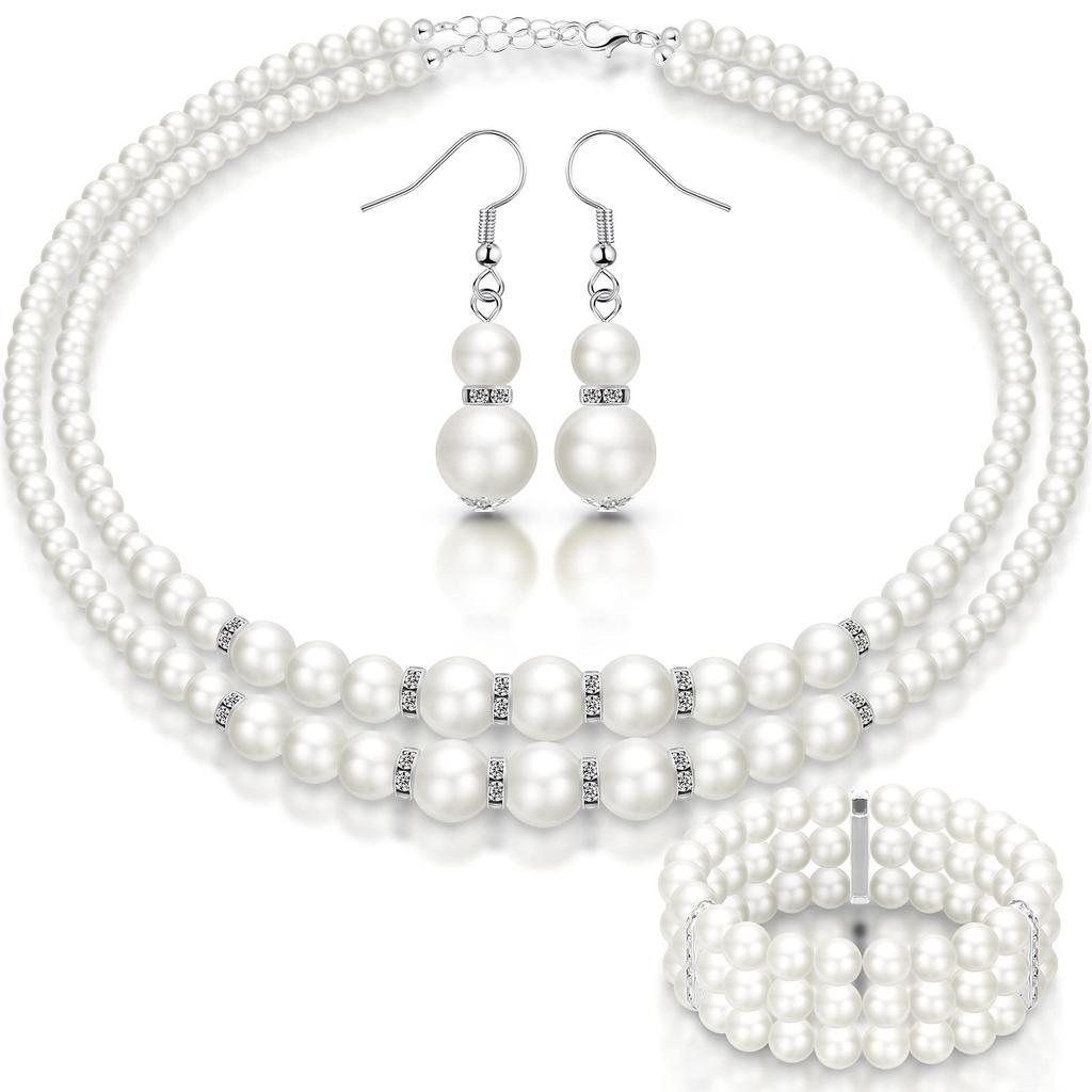 New Fashion Jewelry, Bridal Necklace Three-piece Set, European and American Popular Elegant Luxury Pearl Neck Chain Earrings Jewelry