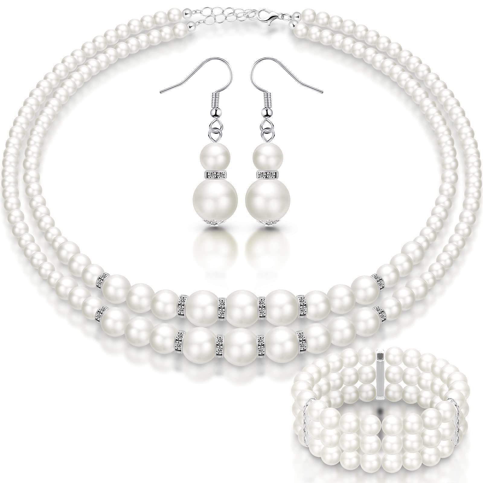 Elegant Pearl Bridal Jewelry Set 3 - Piece Necklace Earrings Geometric Design Wedding three piece set