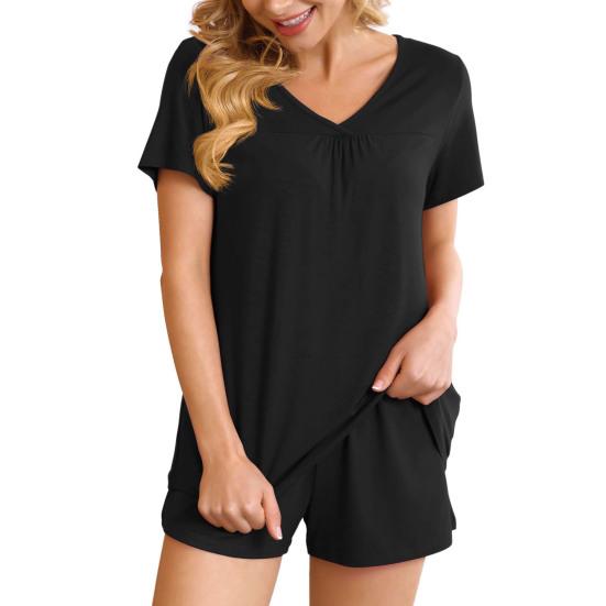 2 Pcs/Set Women Summer Pajamas Suit V Neck Short Sleeve Sleepwear Set Homewear Top Shorts Set Loose Shorts Set Casual Sport Outfit