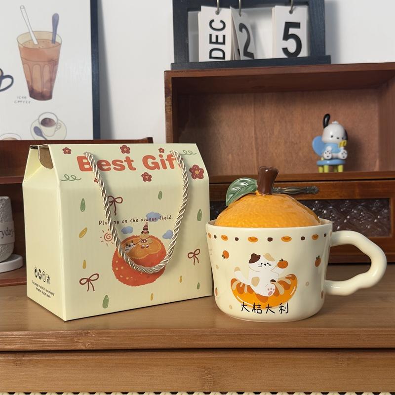 Daji Dali Orange Ceramic Cup with Lid Cute Cat Mug New Year Gift Coffee Cup Office Water Cup