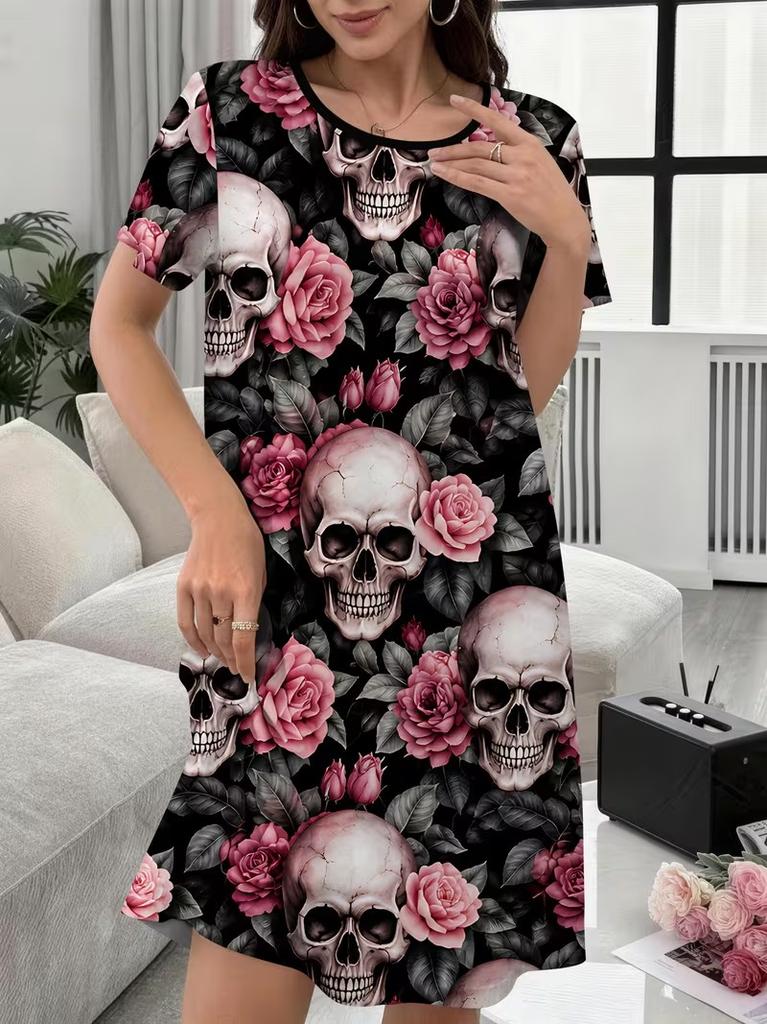 Moda 3D Baskılı Yazlık Elbise Bol Günlük Kısa Kollu O-Yaka Mini Elbise