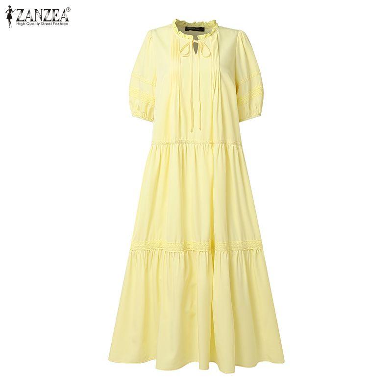 ZANZEA Women Casual Round Neck Solid Color Loose Half Sleeve Long Dress