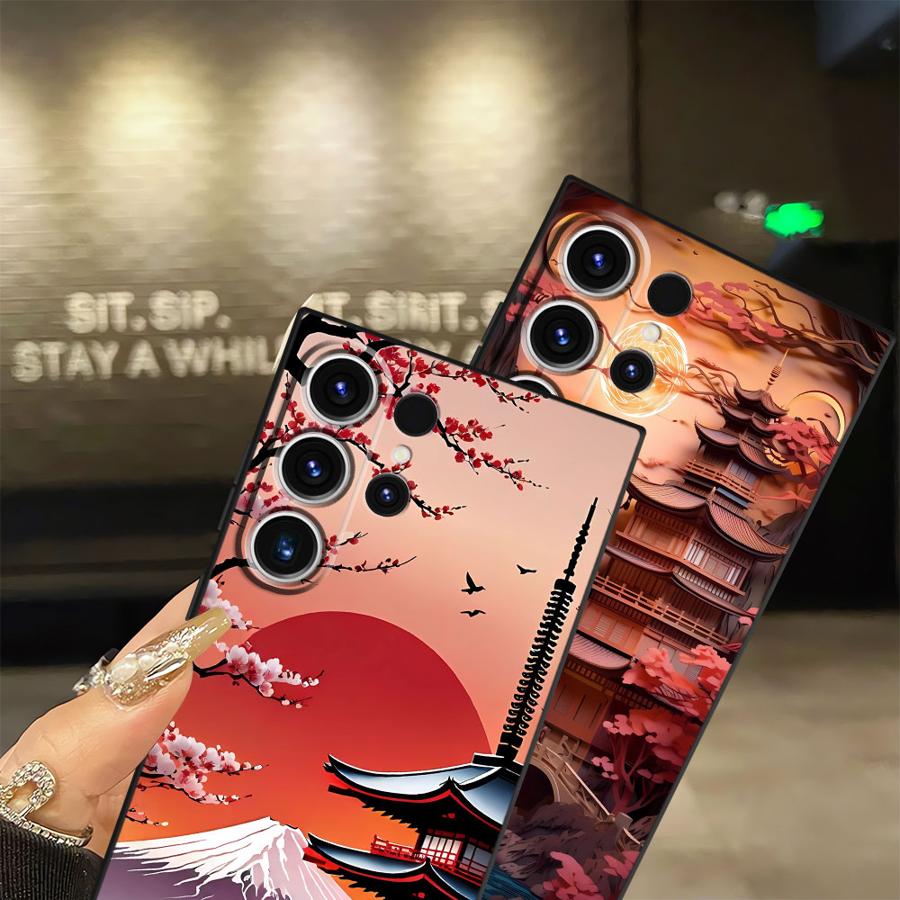 Japanese Ancient House Painting Case for Samsung Galaxy S23 Ultra S25 Edge S24 Plus S20 S21 FE Black Soft Phone Cover