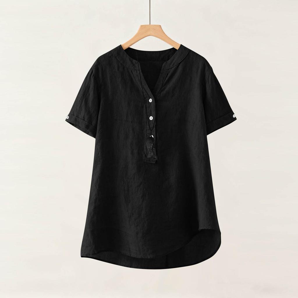 Fashionable Women's Linen V-neck Button Up Half Open Design, Fashionable Short Sleeved Shirt Color Top