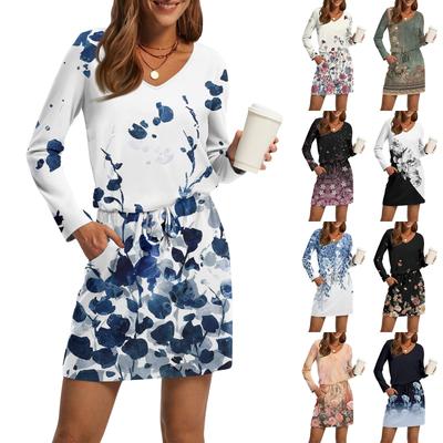 Women's Fashion V-Neck Long Sleeve Drawstring With Pocket Floral Print Casual Dresses