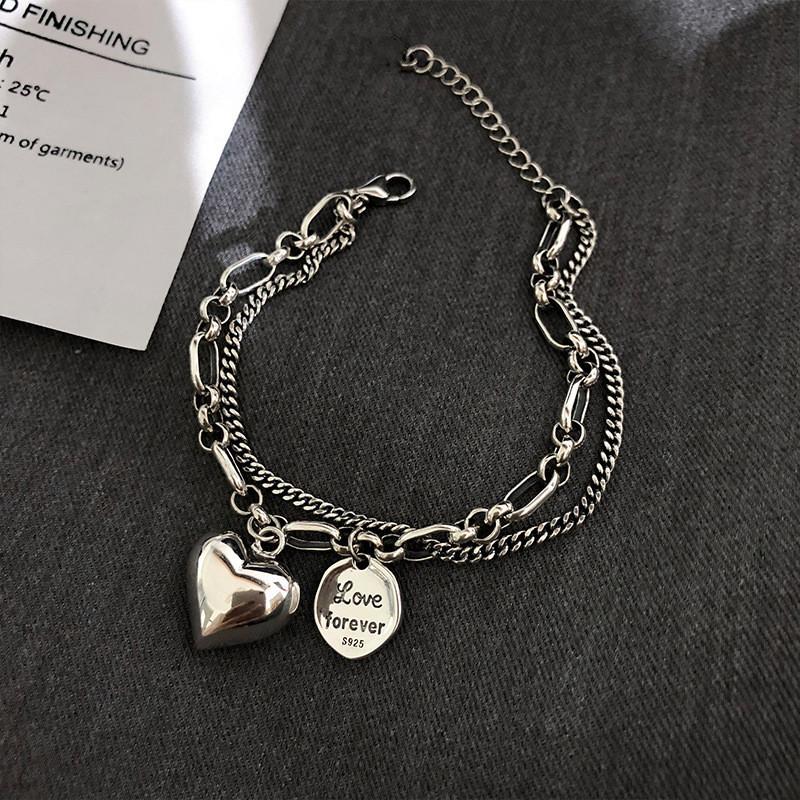 925 Silver Plated Heart Double Layer Bracelet - Hip Hop Street Style Punk Jewelry for Women