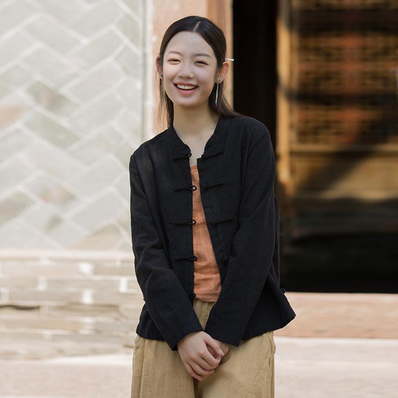 

Johnature Women Vintage Chinese Style Shirts Tops Stand Long Sleeve Solid Color Button Women Shirts M чорний