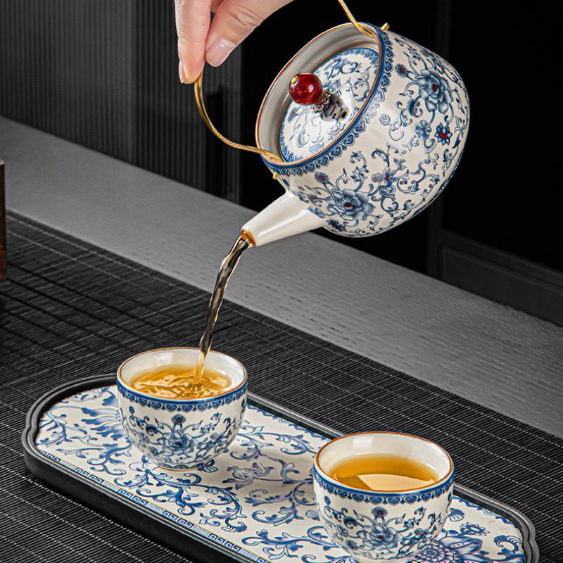 New Chinese Style Huangru Kiln Flower Teaware Sets with One Pot and Two Cups Tea Set and Dry Brewing Plate Tea Stand