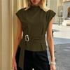 Sleeveless High Neck Blouse with Metal Buckle Waist Belt Adjustable Fit Office Shirt Top for Women