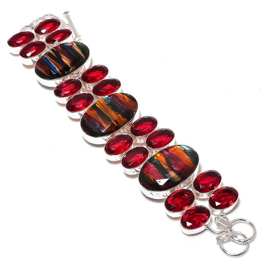 Natural Dichroic Glass, Garnet Gemstone 925 Sterling Silver Bracelet 7-8" S8A02