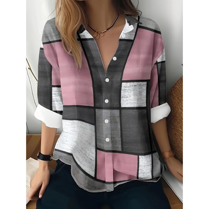 Spring/Summer Women's Fashion Plaid Print Long Sleeve Collared Shirt Top