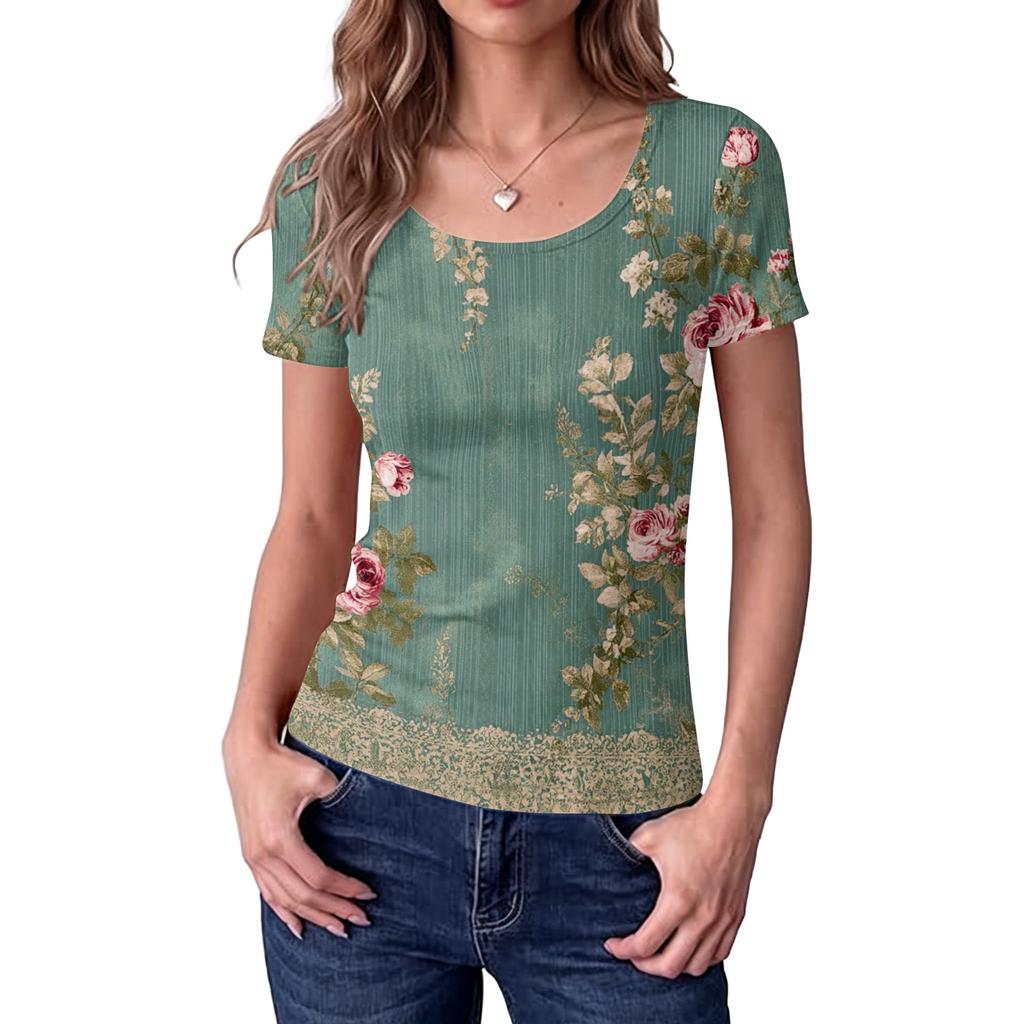 Women's Slim Fit Square Neck Short Sleeve Top Vintage Floral Print Ribbed Texture Stretch Fabric Casual Blouse