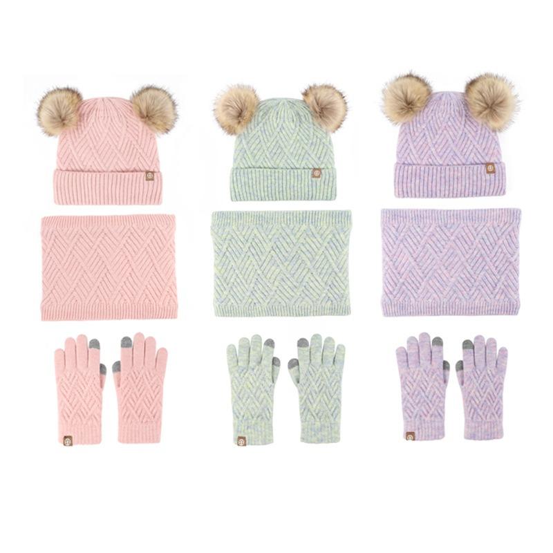 Children's double hairball knitted hat Girls' winter wool warm and fleece cold-proof hat scarf gloves three-piece set