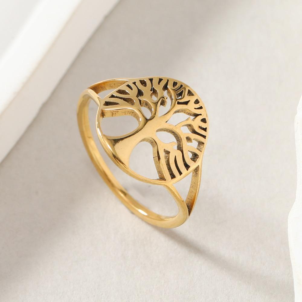 Creative Personality Stainless Steel Circle Hollowed-out Life Tree Couple Rings for Men Women Trendy Hip-hop Amulet Jewelry Gift