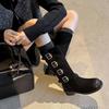Womens Retro Buckle Biker Boots Square Toe Chunky Mid Heel Knee High Suede