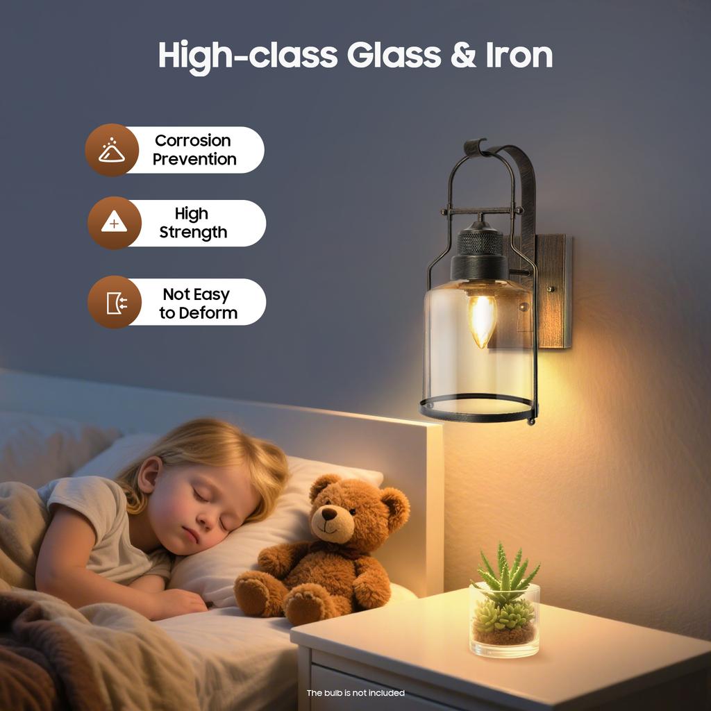 Vintage Industrial Wall Lamp Rust Iron Glass Shade for Bedroom Living Room Bar Cafe Indoor Lighting E26 E27 Base