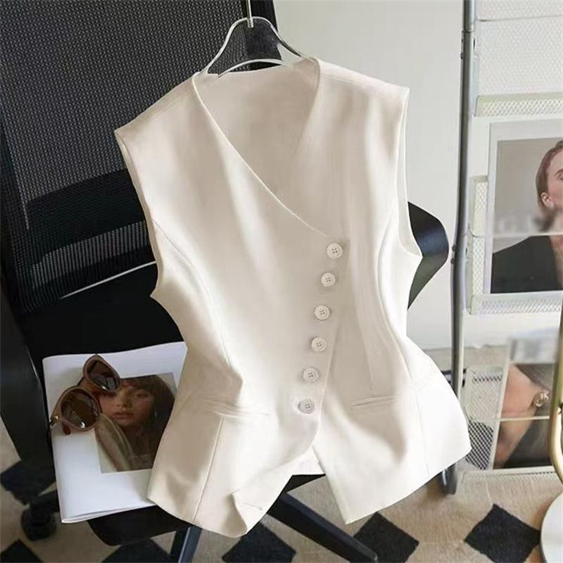 Women V Neck Sleeveless Suit Vest Asymmetric Button Slim Waistcoat Casual Outerwear Tank Top