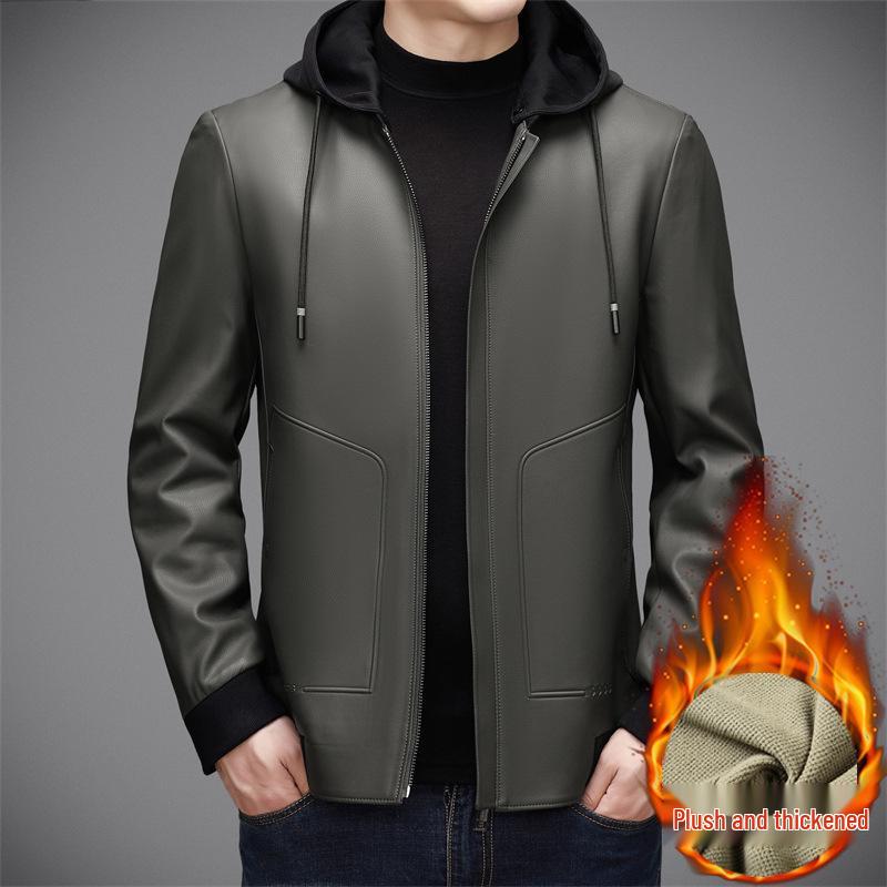 Men's Versatile Hooded Leather Jacket - Plus Velvet, Thickened Sheepskin, Warm Casual Dad Style Outerwear for All Ages