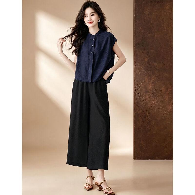 D.F.DEAR Women's Stand Collar Sleeveless Shirt & Wide-Leg Pants Set
