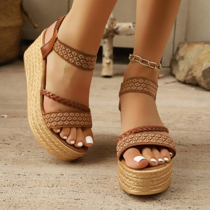 Large size apricot wedge heel thick sole heightening fashionable and comfortable casual waterproof table one-word buckle women's sandals