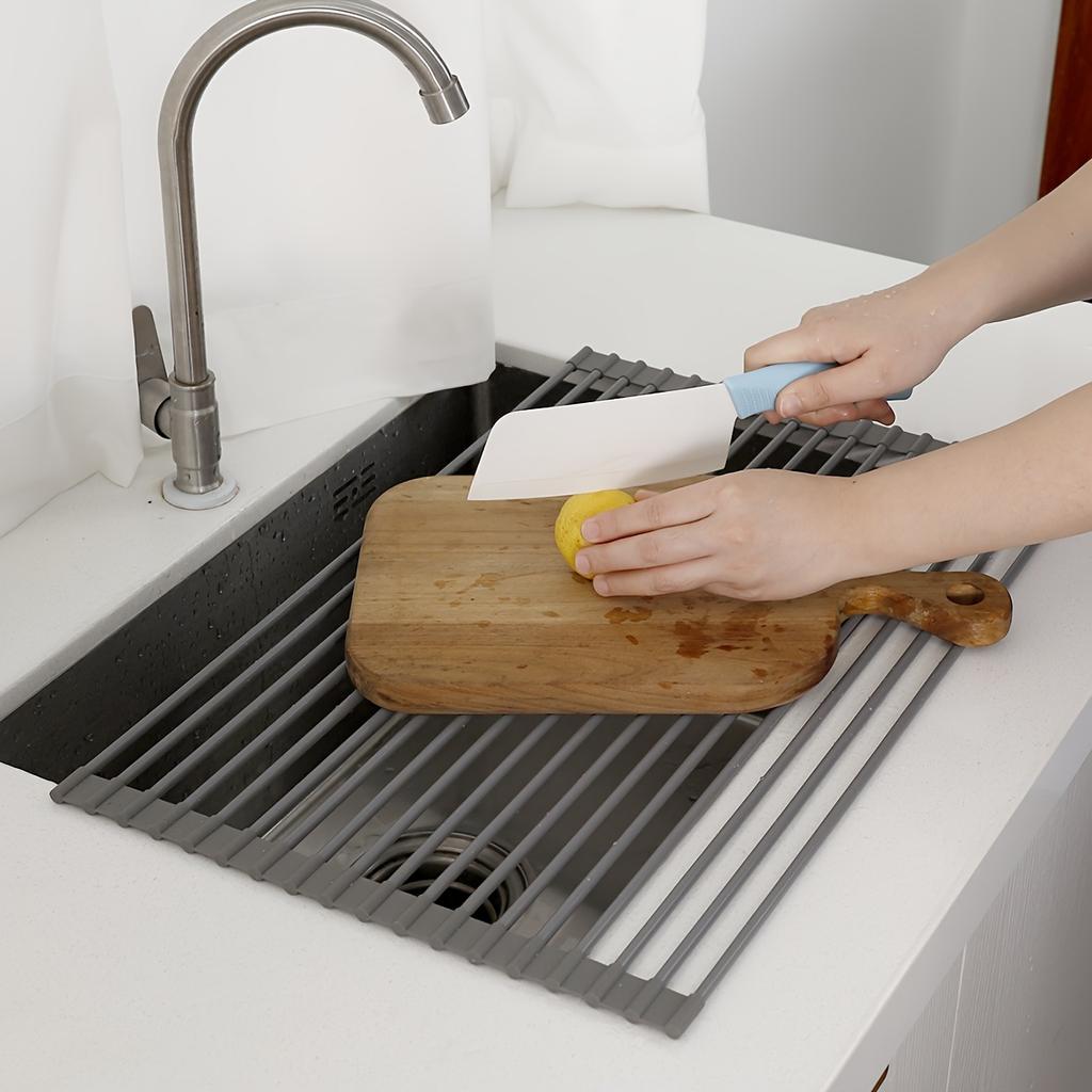 Silicone Drain Rack, Foldable Kitchen Sink Draining Rack for Vegetables And Dishes, Large Roll-up Folding Draining Rack with Heat Insulation Pad