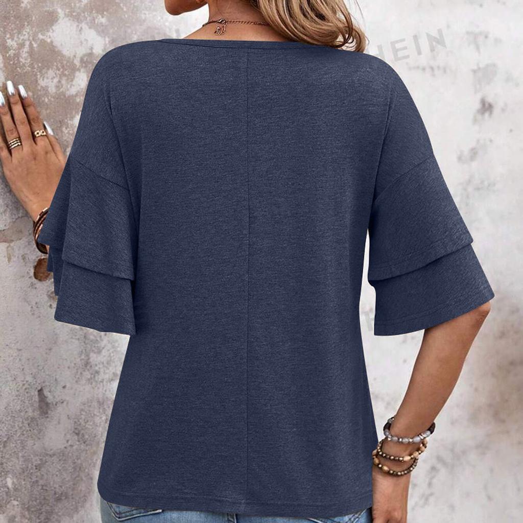 Tricou cu mânecă scurtă, la modă și sexy, cu tiv dublu și volane, la modă și sexy