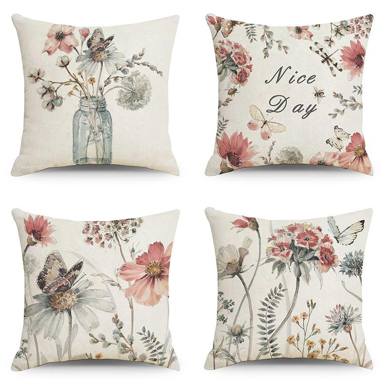 Plant Flower Butterfly Print Linen Pillow Cover Home Sofa Pillow Cushion Cover