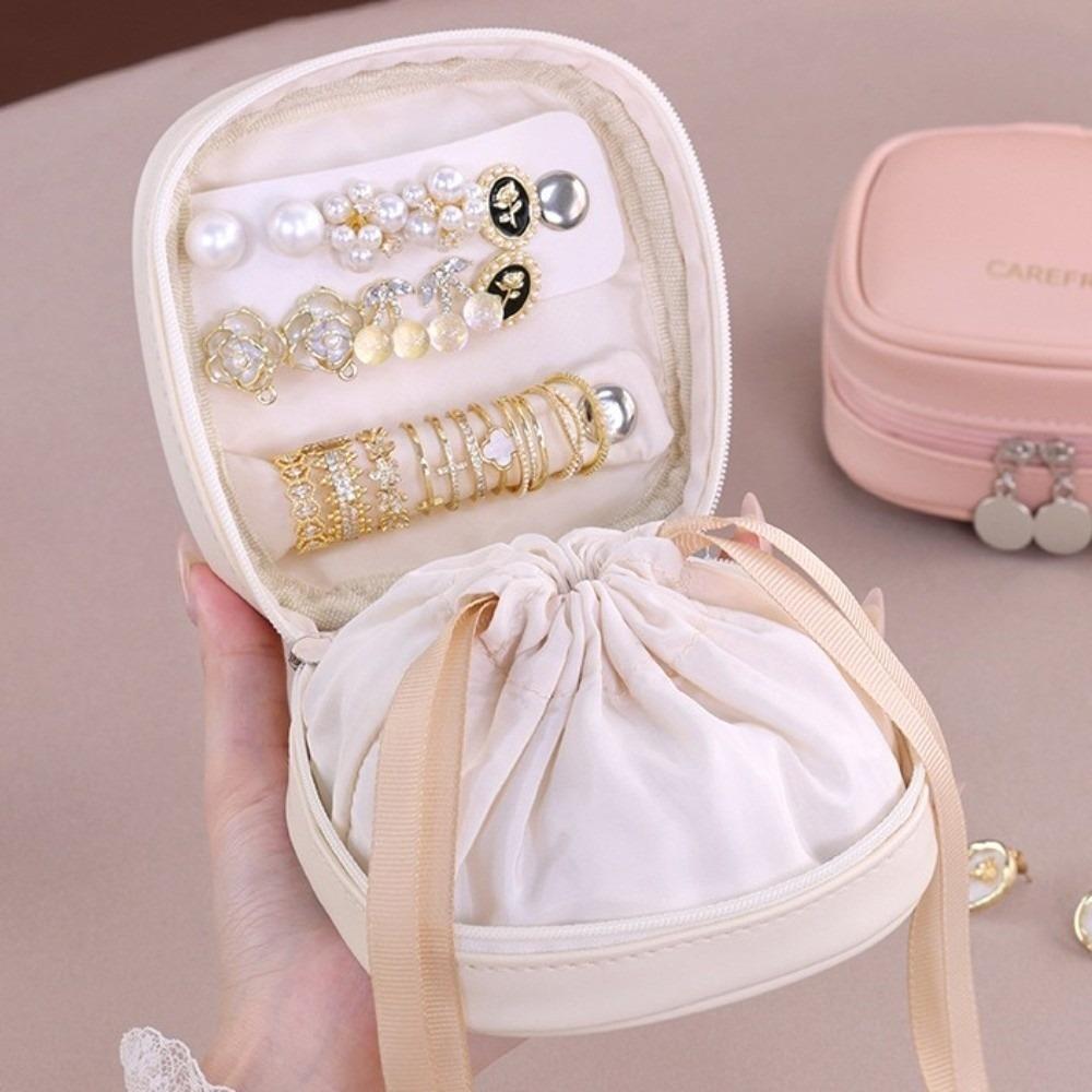 Mini Boîte à Bijoux Portable en PU Organisateur Sac de Rangement à Cordon Filles