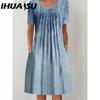 IHUASU 30 Color Pleated Midi Dress Short Sleeve Round Neck Loose Hem Mid-Calf Length Women Floral A-Line Party Dress Casual Wear