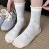 Light Blue Ballet Bow Mid-Calf Socks - Korean Cotton Ruffle Design.
