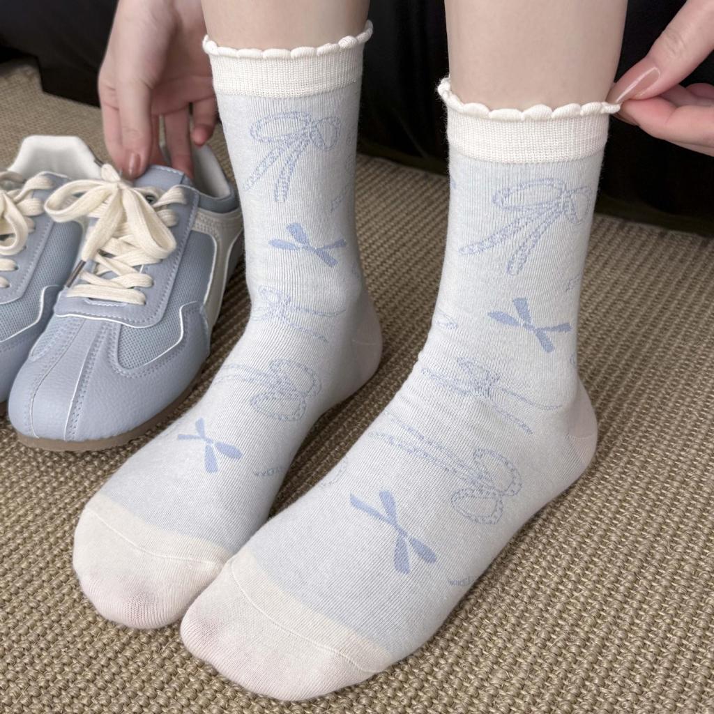 Light Blue Ballet Bow Mid-Calf Socks - Korean Cotton Ruffle Design.