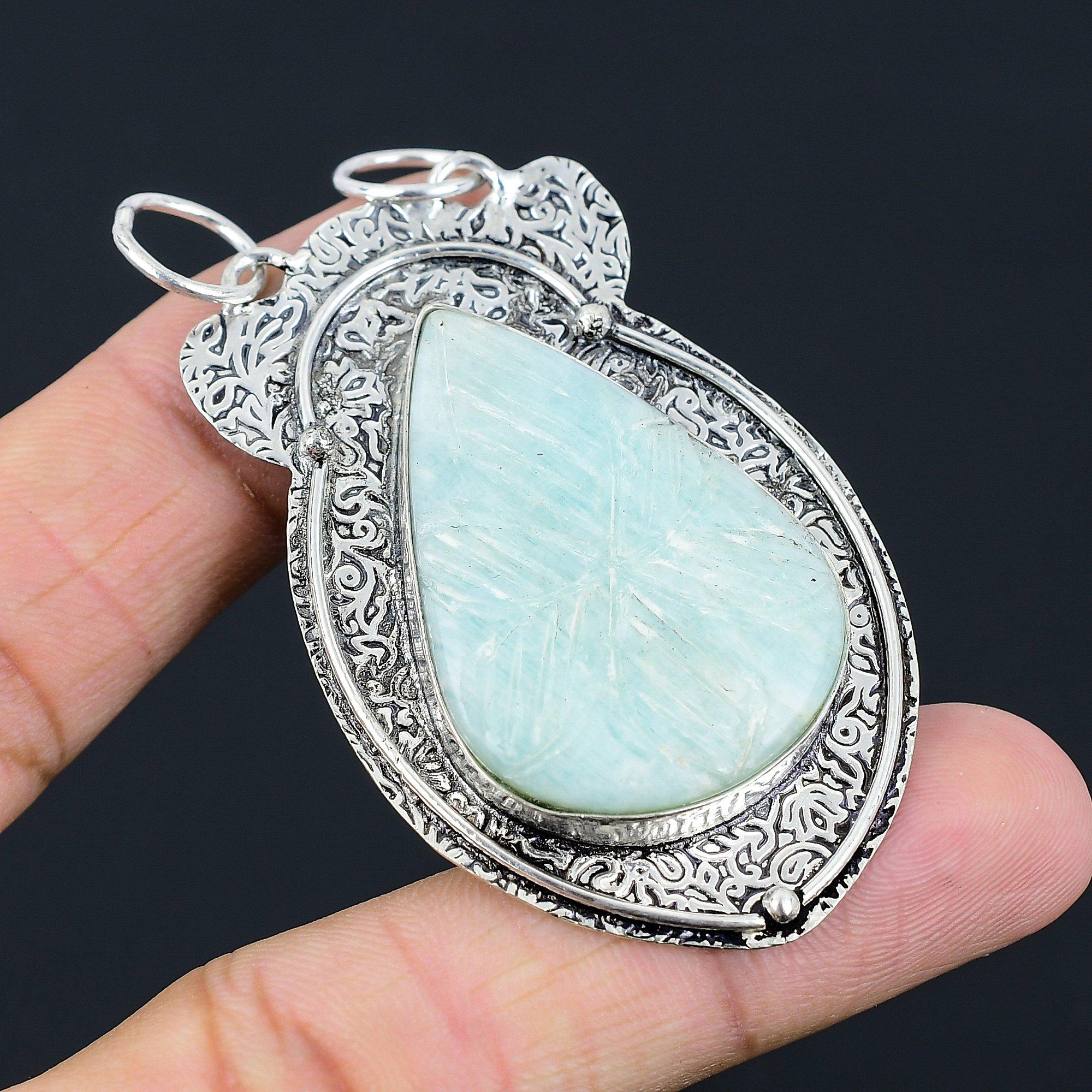 Daughters Day Sale 925 Sterling Silver Natural Carved Amazonite Pendant Jewelry