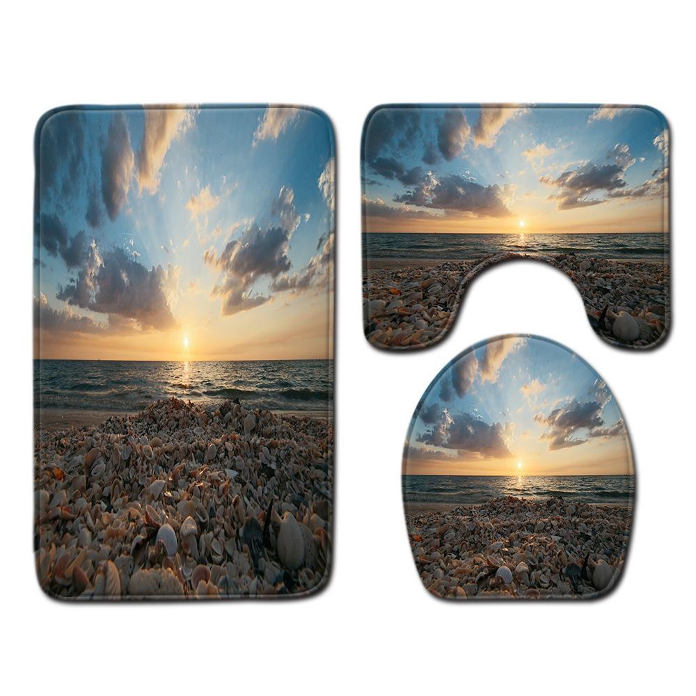 Beach View Bathroom Floor Mat Three-Piece Toilet Carpet Toilet Mat Set Door Mat Bathroom Non-Slip Mat