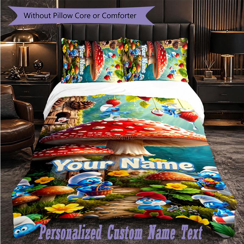 Personalized 3Pcs Bedding SetSmurfs Custom Text Duvet Cover Pillowcase Set Bedroom Gift
