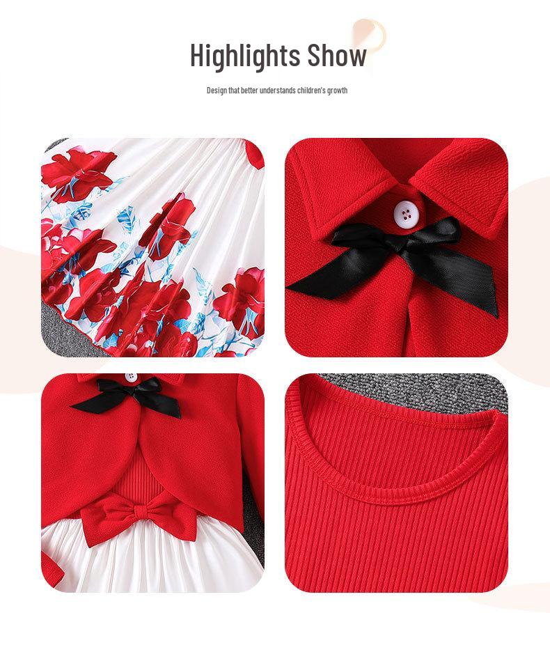 Girls' Red Patchwork Two-Piece Set: Bow Cardigan & Dress