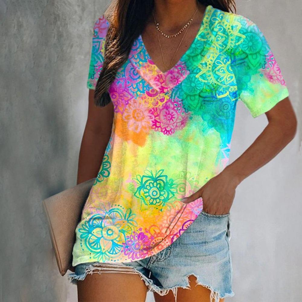 Summer Colorful Floral 3d Printing T-shirt Women's V-neck Short-sleeved T-shirt Top T-shirt