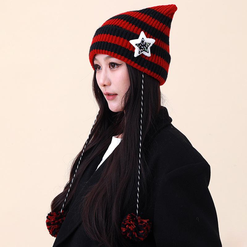 Abi wind cute striped cat ears knitted wool hat women autumn and winter cycling warm ear protection versatile pullover