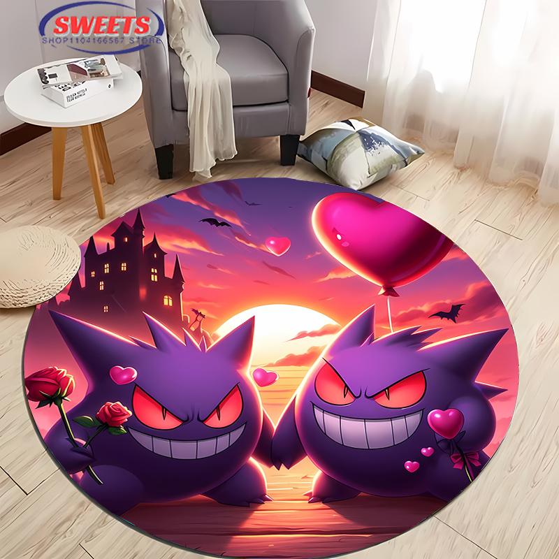 Pokemon Gengar Druck Runder Teppich, Kinderzimmer Bodenmatte Rutschfest Wohnzimmerteppich, Waschbarer Teppich für Heimdeko Geschenk Potdemiel