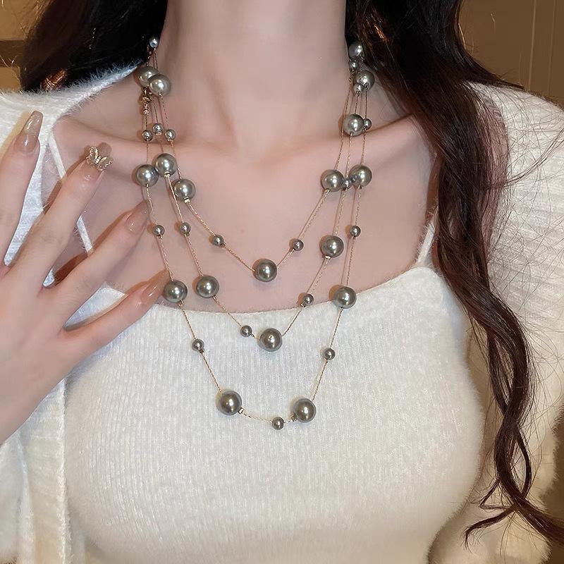 Elegant Double Layer Simulated Pearl Sweater Necklace for Women Female Collares Long Chain Necklace