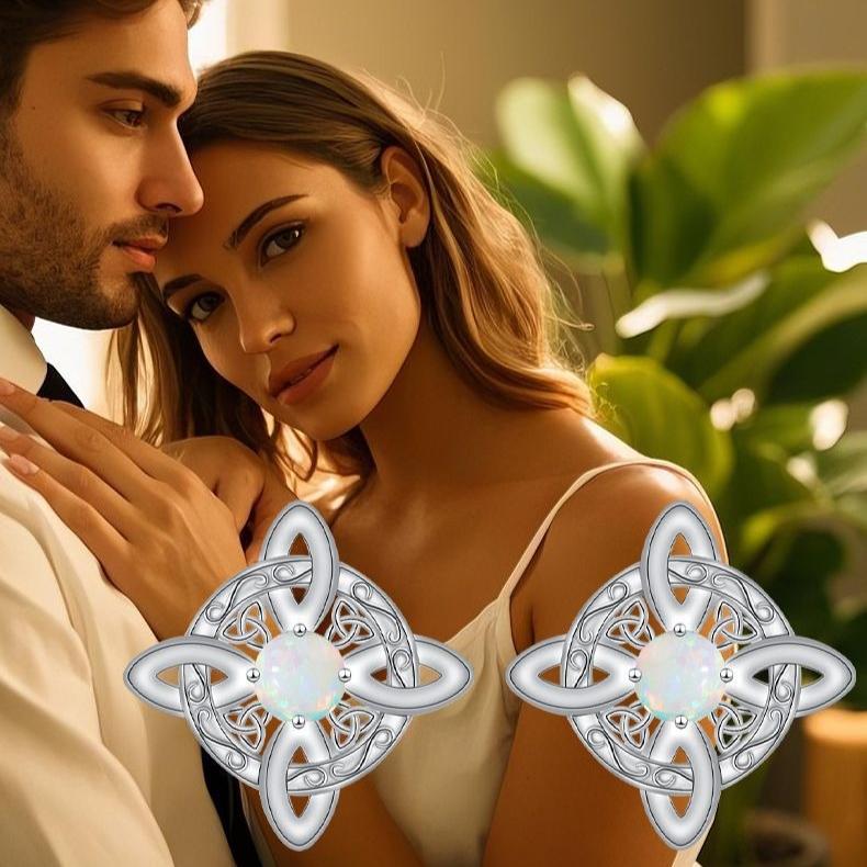 Natural Opal Stone Witches Knot Stud Earrings  Thai Silver Protection Amulet Earrings Jewelry for Women