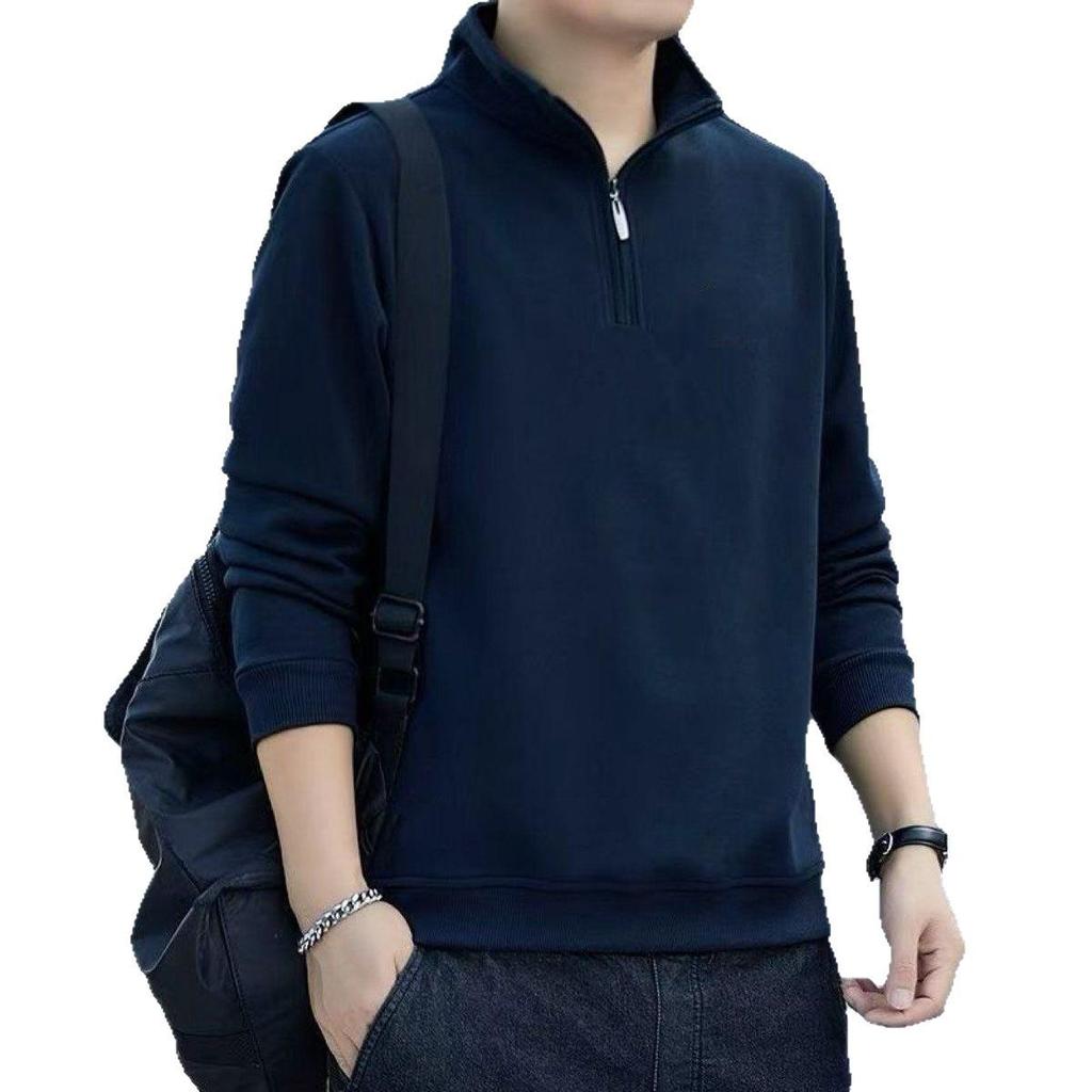 Men's Long Sleeve Stand Collar Hoodie with Half Zip, Plus Velvet Thick Casual Pullover for Autumn and Winter
