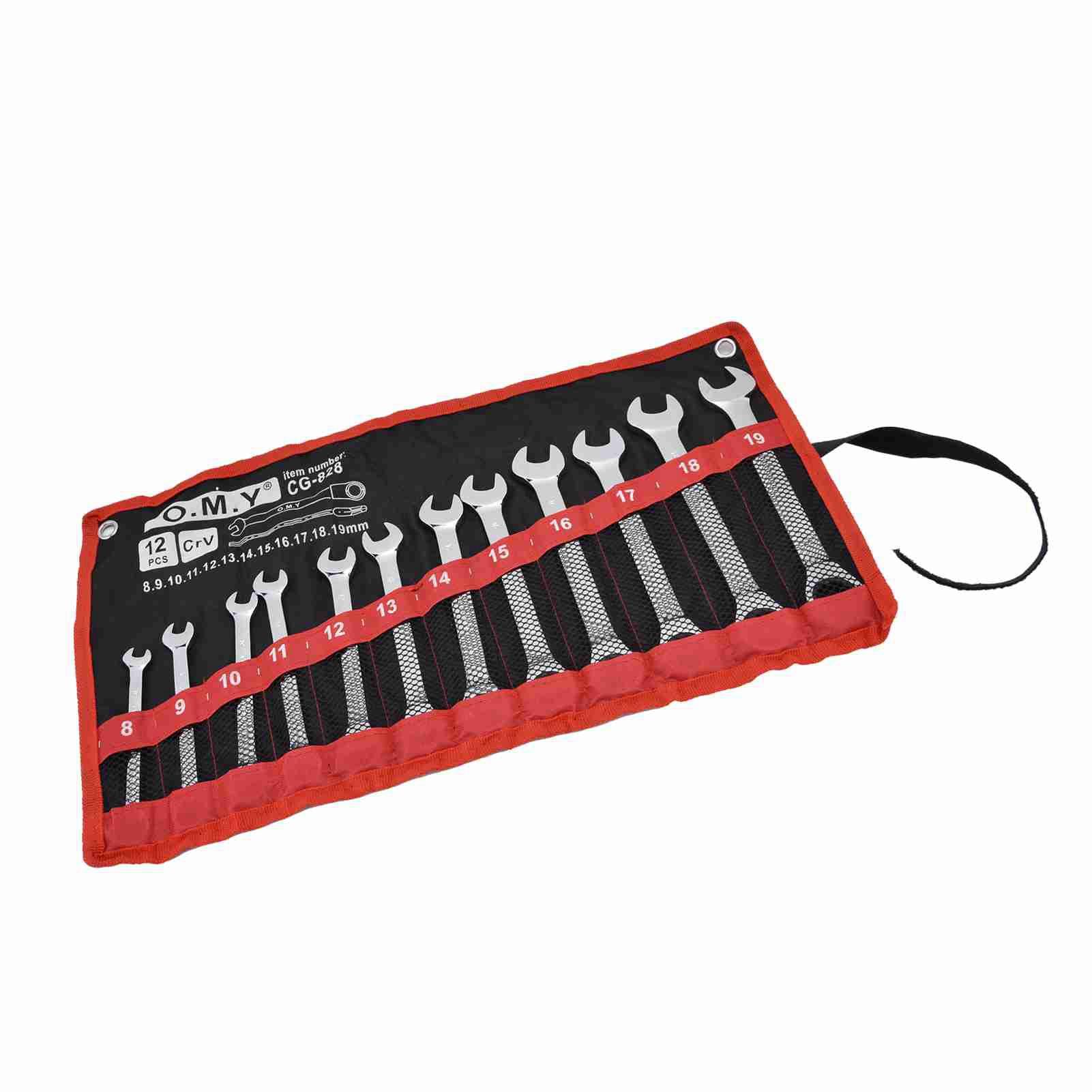 12Pcs Ratchet Wrench Set Kit Metric Combination Chrome Vanadium Steel 8‑19mm with Storage BagFixed Head белый
