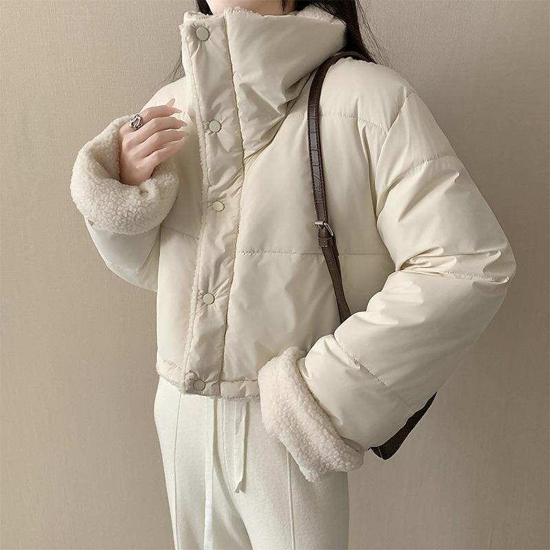 Women Short Thick Cotton Padded Coat Turn Down Collar Long Sleeve Loose Double Sided Winter Outerwear