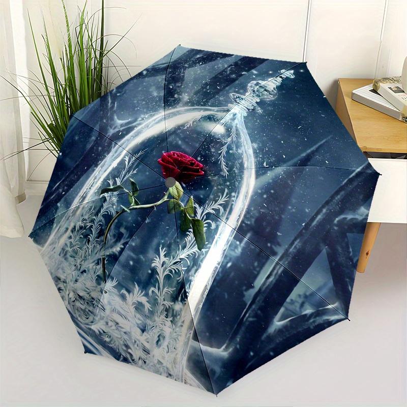 

Enchanted Rose, Glass Dome Automatic Opening and Closing Umbrella - 8 Ribs Portable Folding Umbrella with Plastic Handle, Suitable for Leisu