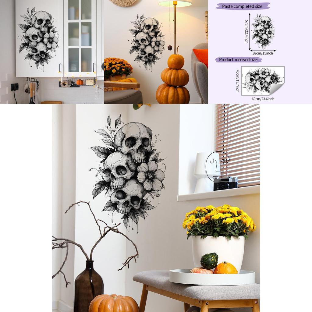Decorative Black And White Skull Flower Wall Sticker For Halloween Living Room And Study Wall Decor