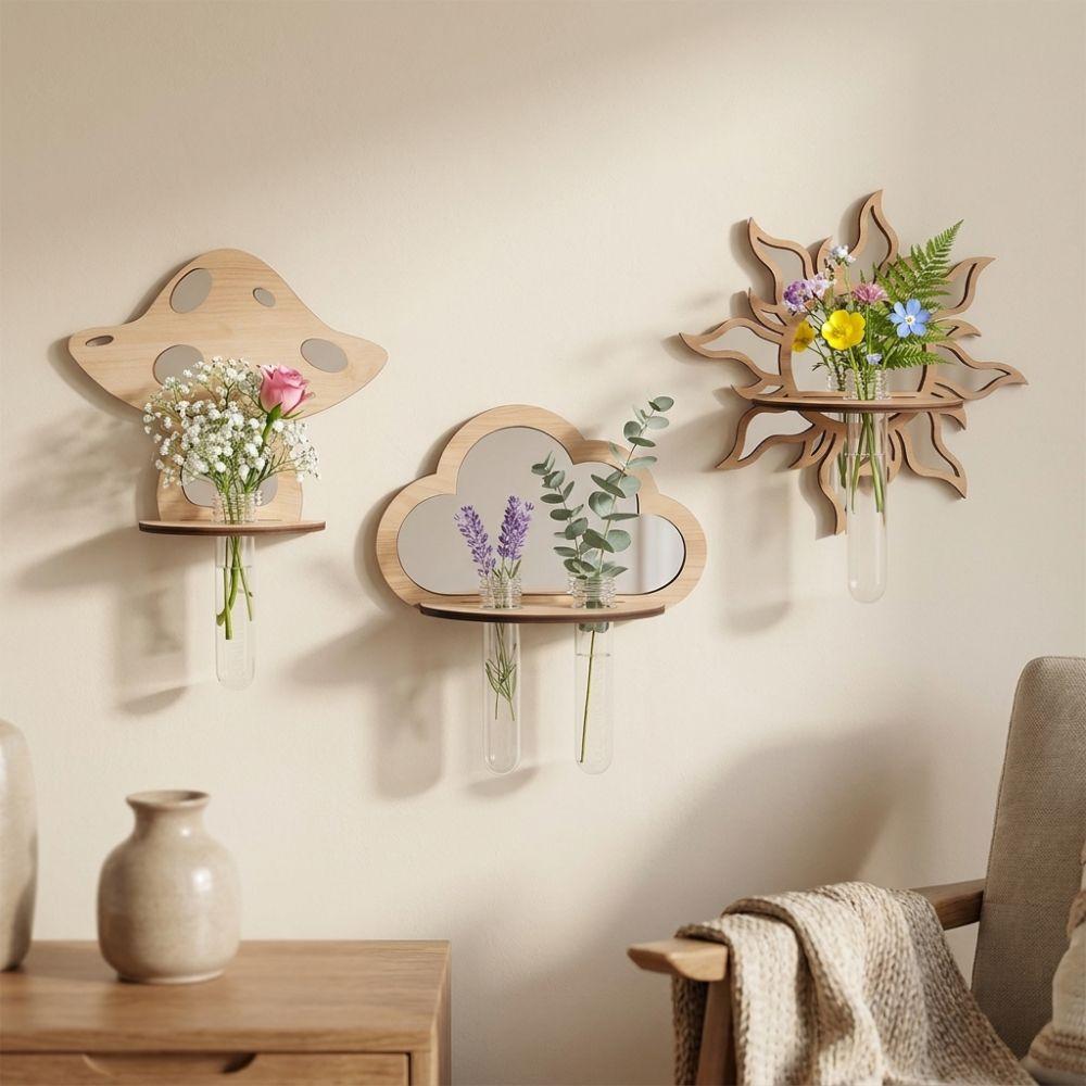 Mushroom House Wood Wall Mount Flower Shelf Mirror Hanging Plant Panel Balcony Decor