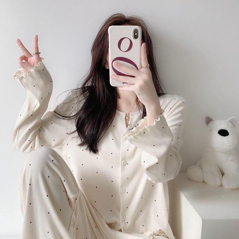 Retro Full Print Sweet Floral Pajamas Women's Summer Cardigan New Loose Loungewear Set Long Sleeve Spot