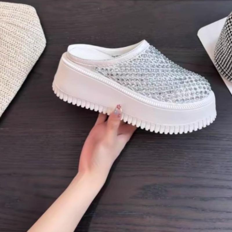 Fashion New Summer Baotou Flat Shoes Women's Fashion Round Toe Shallow Mouth Rhinestone Mesh Breathable Platform Sandals and Slippers